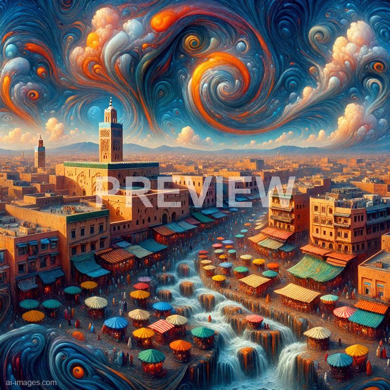 The image depicts a vibrant cityscape with a blend of traditional Middle Eastern architectural elements, featuring tall minarets and beige-colored buildings. Overhead, the sky is a surreal swirl of bright orange, blue, and white clouds, forming a mesmerizing vortex that adds a fantastical atmosphere. Below, a bustling marketplace with colorful umbrellas and flowing water creates a lively scene, merging realistic city views with dreamlike, swirling skies.